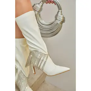 Faye Embellished Fringe Knee High Boots - White