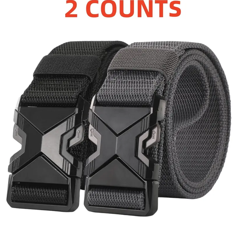 2-Piece Set Men's Adjustable Tactical Waist Belts, Durable Nylon Strap with Safety Plastic Buckle, Textured Design Belts for Outdoor & Casual Use, Web Belt, Waistband Belt