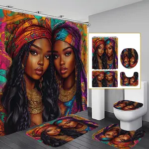 1/3/4PCS Colorful African Girl Print Shower Curtain Set, Elegant Modern Design, Durable Polyester Material, Easy to Clean, Multiple Sizes Available