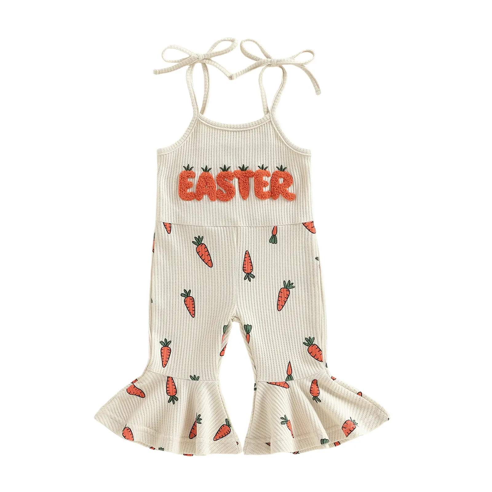 REDWOON Easter Toddler Girl Bell Bottom Jumpsuit EASTER Embroidery Carrot Print Romper Baby Spaghetti Straps Overalls Flare Pant Kid Playsuit
