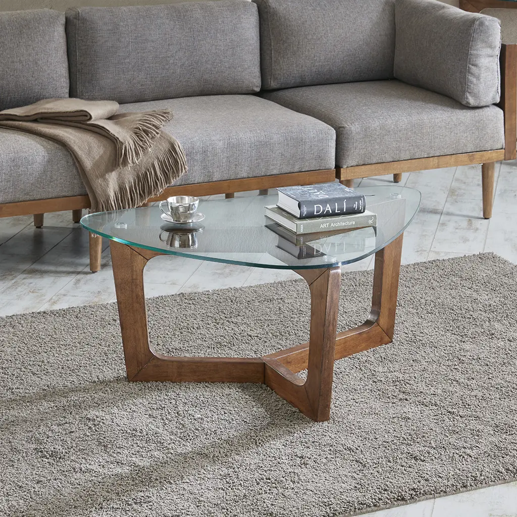Coffee Table with Tempered Glass Top, Pecan Solid Wood Finish, Triangle Table for Living Room, Sturdy Wood Frame, Easy Assembly, Compact Accent Table for Small Spaces, Brown, 1-Pack