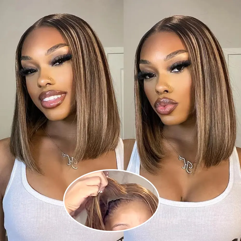 CORIIANA Highlight Ombre Short Bob Glueless Wigs Human Hair Ready To Wear Honey Blonde 4/27 Colored Straight Pre Cut 6x4 HD Lace Closure Wig For Women Pre Plucked 180%