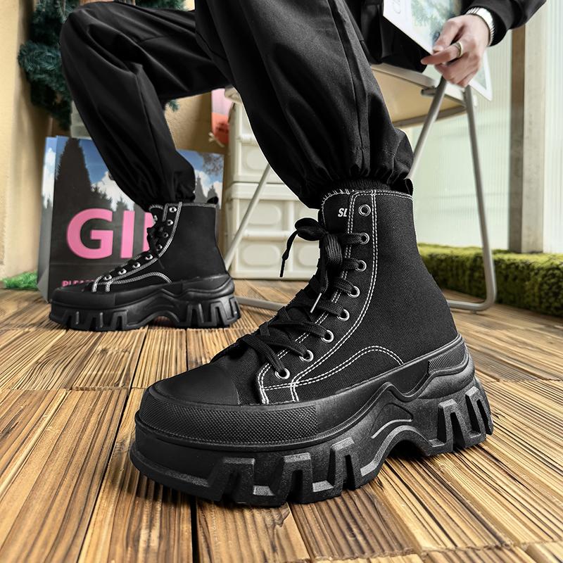 SLNU3 Brand Unisex Thick-Soled Height-Increasing High-Top Casual Sports Shoes with Fabric Upper in Black, Plus Size for Women's Casual Wear