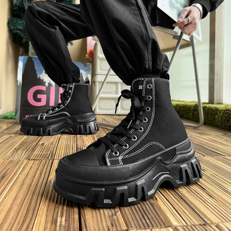 SLNU3 Brand Unisex Thick-Soled Height-Increasing High-Top Casual Sports Shoes with Fabric Upper in Black, Plus Size for Women's Casual Wear