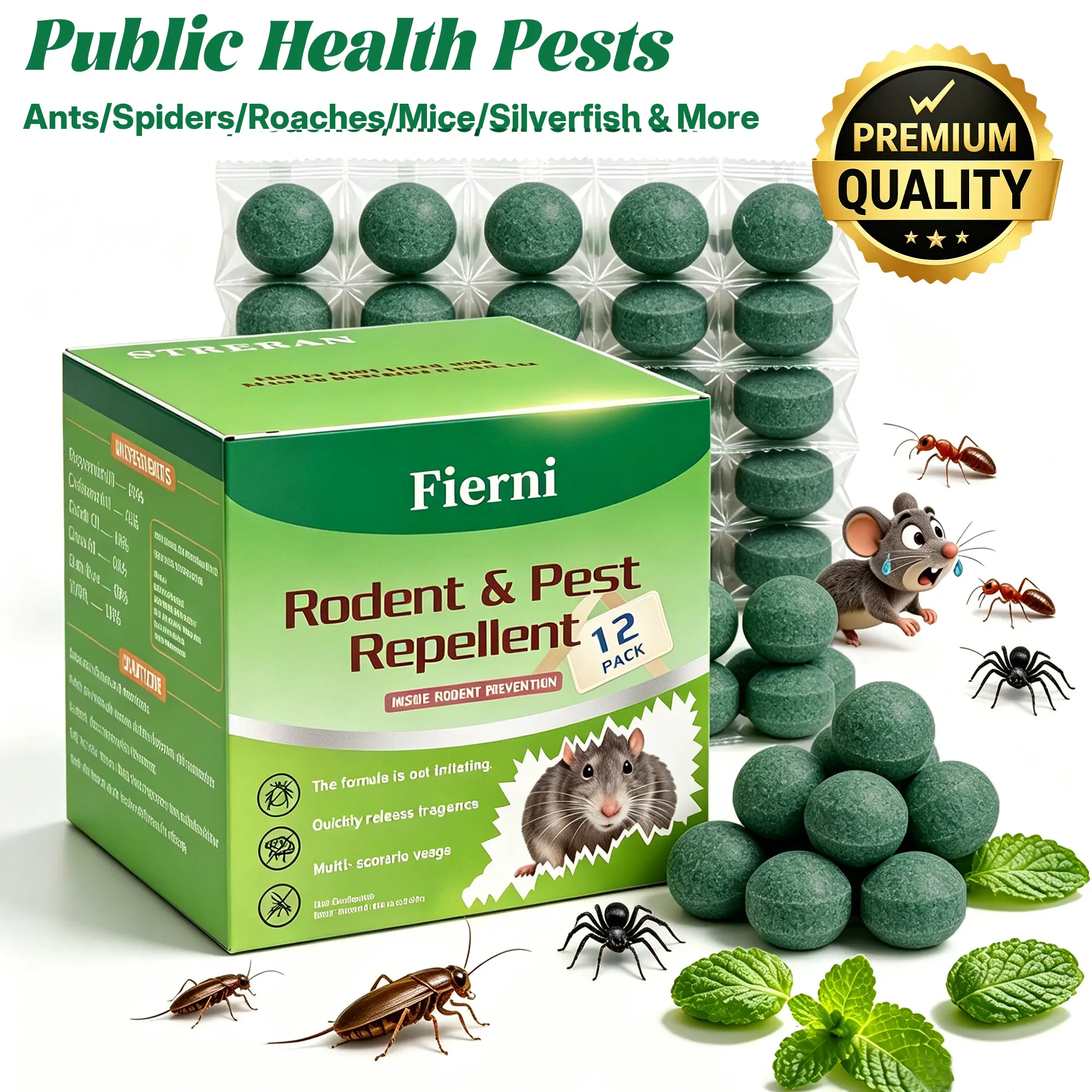Fierni 12-Pack Natural Rodent Repellent Balls - Pest Repellent Balls with Peppermint & Cedarwood Oil, Non-Aerosol, No Magnets, Long-Lasting Multi-Insect Defense, Home & Garage Pest Control Solutions