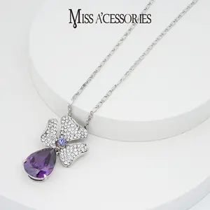 Viral Silver Purple Rhinestone Bow Necklace | Dainty Crystal Flower Pendant | Girly Silver Bow Purple Water Drop Pendant | Romantic Floral Rhinestone Necklace for Women | Ideal Birthday/Valentine's Gift for Girlfriend
