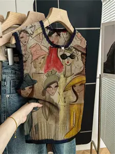 1 piece + Spring/Summer Back-to-School Casual Style Loose Round-neck Sleeveless Knitted Color-Contrasting Dark Blue Edged Patchwork Multi-color Cartoon Character Print Women's Knit Top for Outfits, to be paired with a vest, can be worn alone