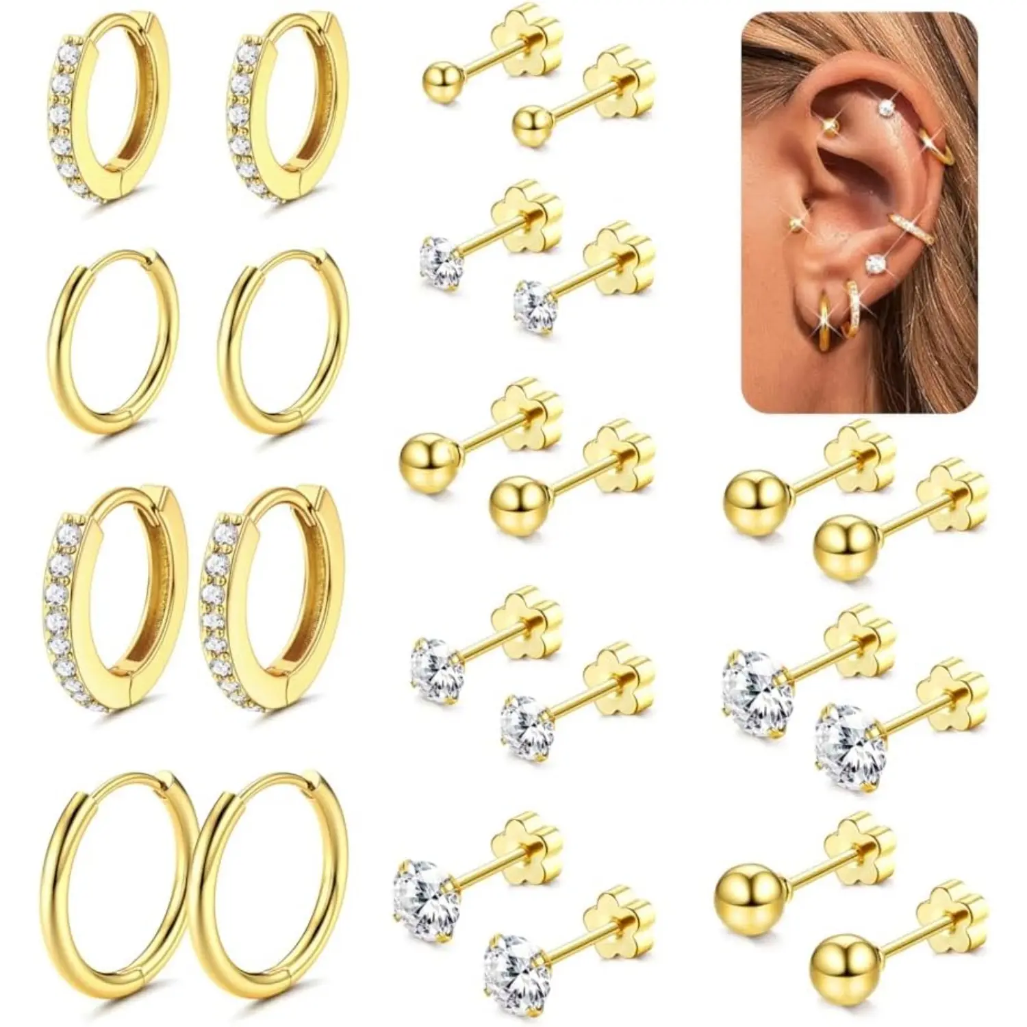MILACOLATO Women's 12-Pair Earring Stacking Set - Surgical Steel Hypoallergenic Hoop Studs, Tiny CZ Flat Back, Waterproof Plated Finish, Bling Aesthetic Helix/Cartilage Earrings for Daily Wear (Gold, Silver), Earring Stack, Flat Back Earrings