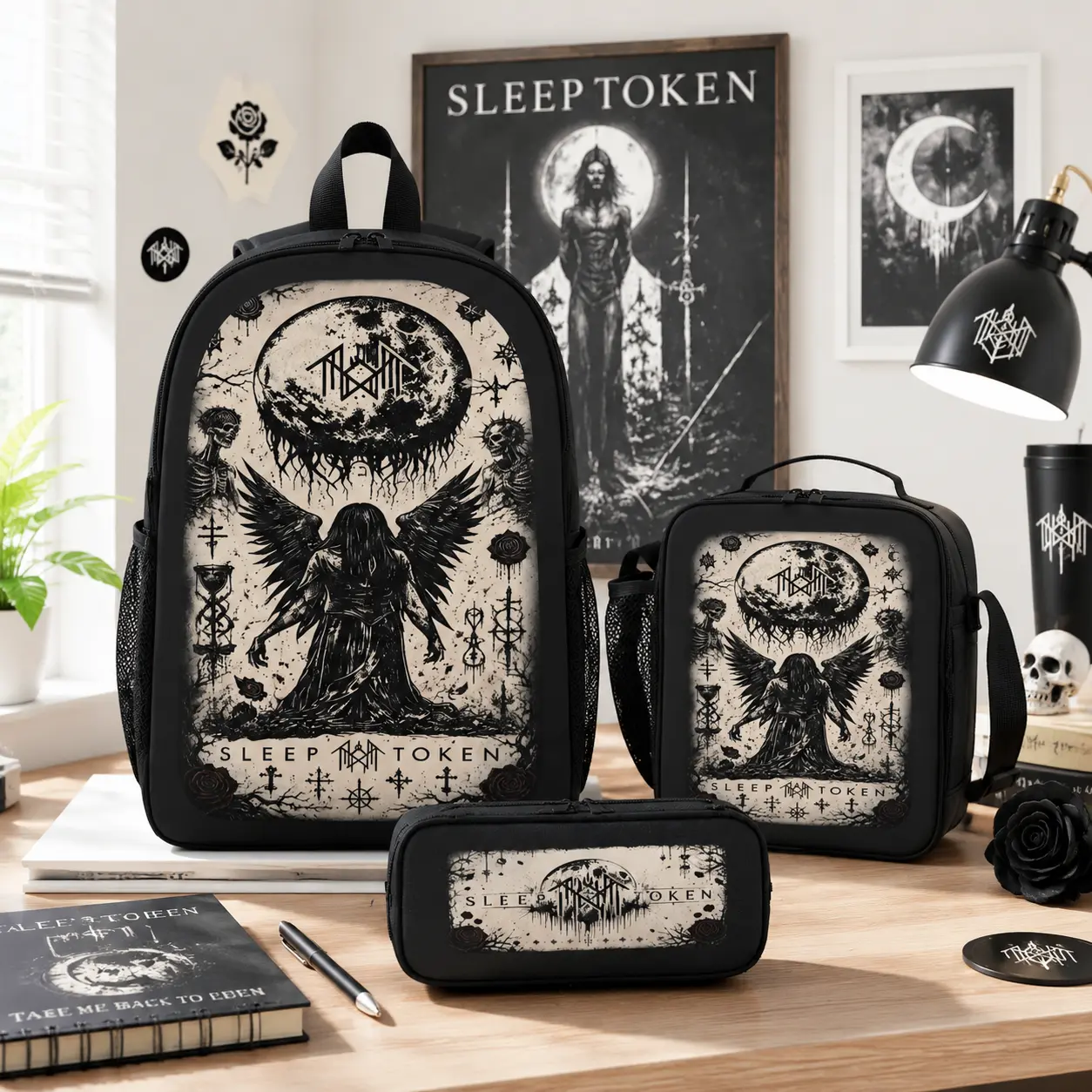3PCS Sleep Token School Backpack Set - Large-Capacity Student Bookbag, Lunch Bag, Pencil Case, Band Fan Gift for Teen Boys, Back to School Graduation Luggage Accessory, School Backpacks