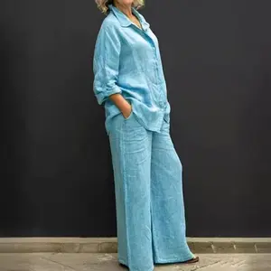 Casual Cotton Linen Two Pieces Set Women Autumn Long Sleeve Shirt Trousers Set Fashion Solid Straight Pants Suits Women Outfits Clothes Womenswear Basic Minimalist