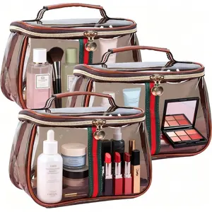 New Retro Vintage Vanity Bag, Large Capacity Makeup Organizer for Women, Portable Travel Storage Case, Transparent Toiletry Bag, Skincare Cosmetic Bag in Brown, Lightweight Carry On Pouch for Daily Travel – Does Not Include Any Accessories