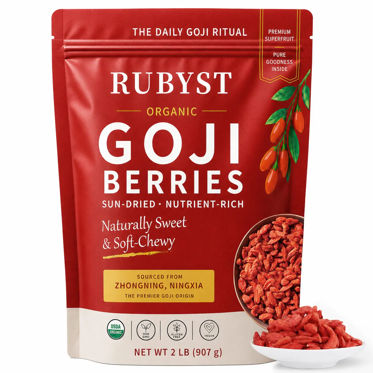 RUBYST USDA Organic Dried Goji Berries 1 lb Top Quality Zhongning Ningxia Goji Chinese Wellness Superfood Extra Large Plump Naturally Sweet Crisp and Chewy Bite