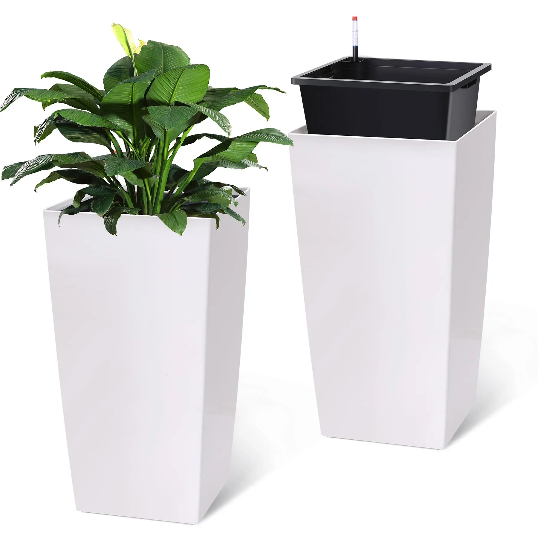 30" Tall Planter Set of 2,High Front Porch Planter Pots with Drainage Holes＆Water Level Monitor＆Inner Bucket, ,Grande Plant,Tree,White