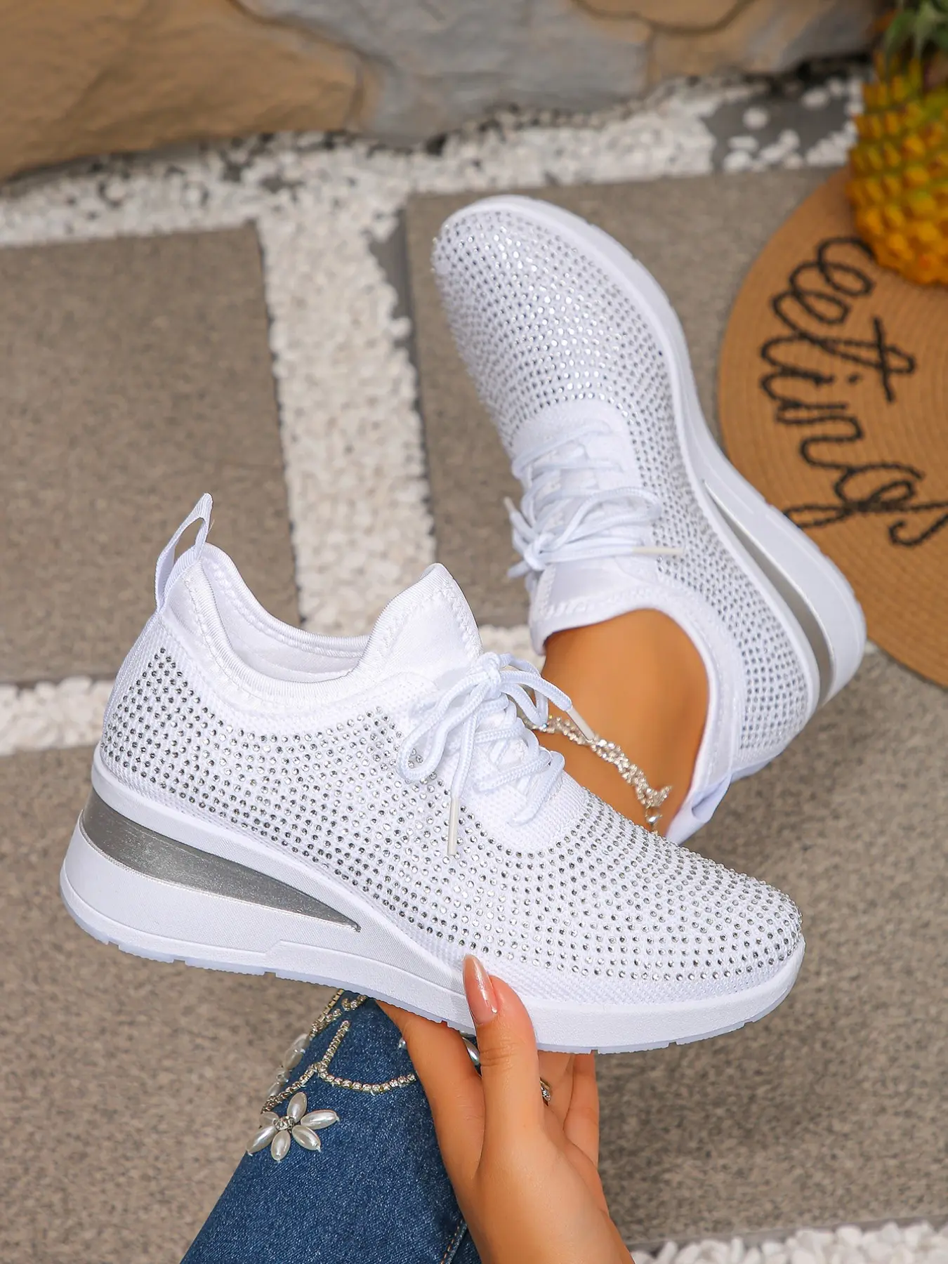 2026 Breathable Mesh Rhinestone Women's Shoes, Soft Sole Shock Absorption Lace-Up Sneaker Trainer, Walking Shoes, Athletic Sports Shoes, Fashionable Versatile Sneakers, Fashion Versatile Wedge Thick Bottom Casual Shoes