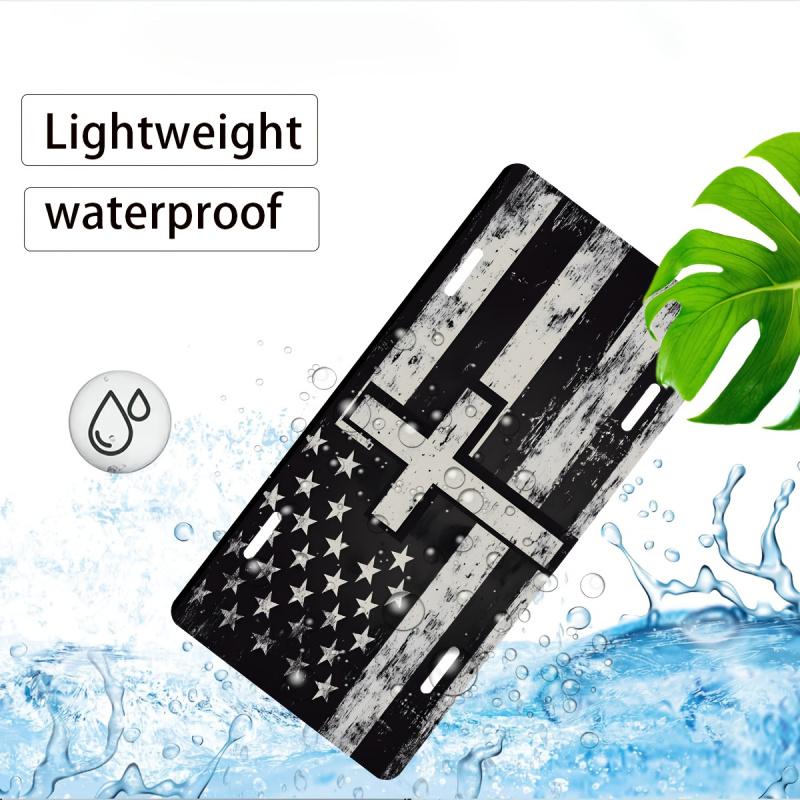 1PC 2D Flat Black and White Cross License Plate Cover and Frame with American Flag Floral Decoration Suitable for Any Standard Front License Plate Cover and Frame Iron Rust-Resistant Decoration 12inch x 6inch