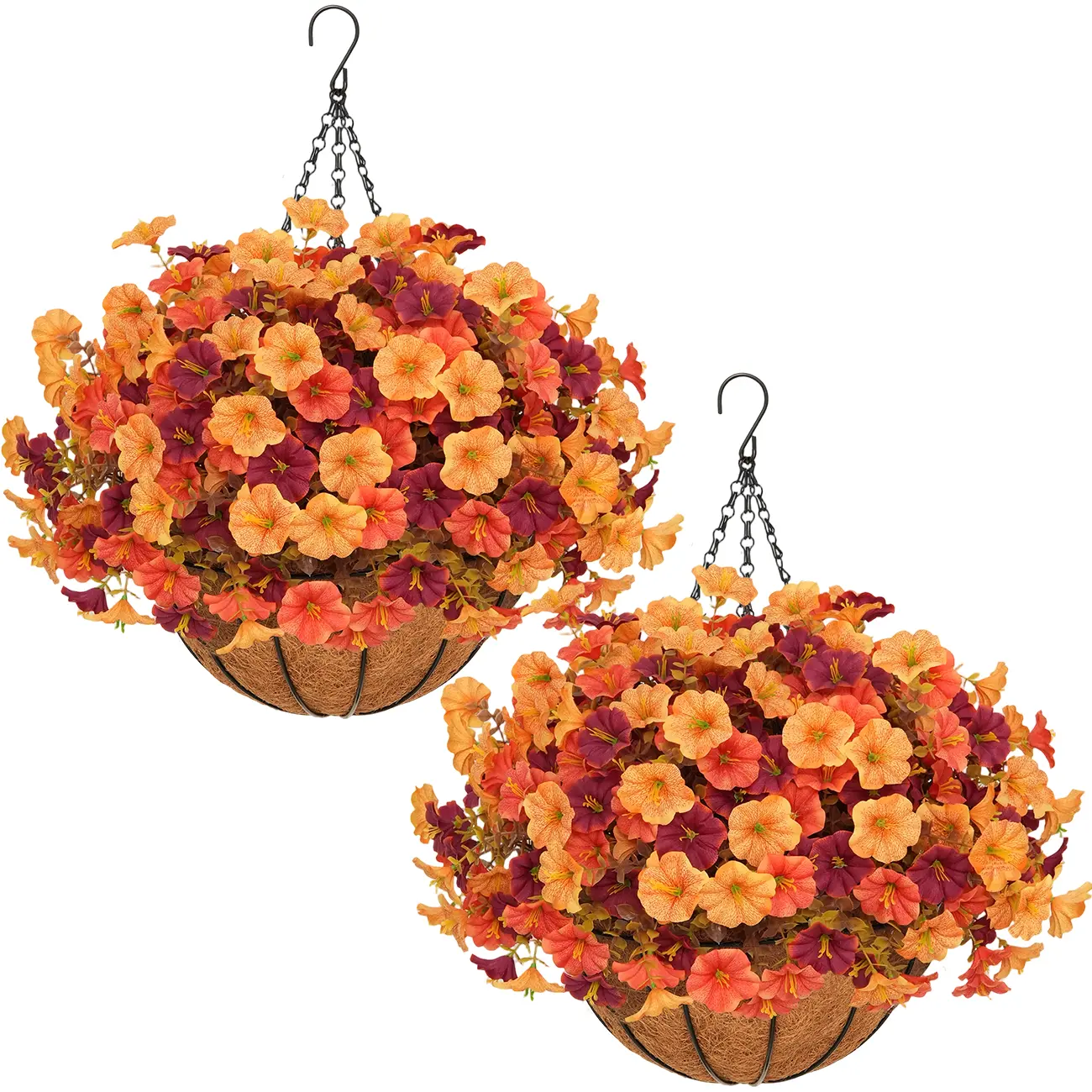 2Pcs Fall Artificial Petunia Hanging Baskets, DIY Fake Round Morning Glory Hanging Flower Basket, UV Resistant No Watering Autumn Floral Decor for Porch Patio Garden Thanksgiving Harvest Home Decoration