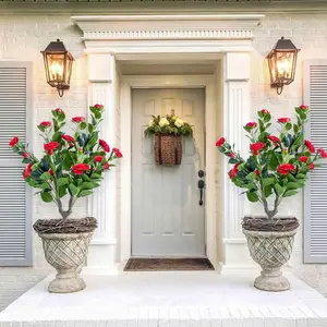 35in Artificial Camellia with Ground Spike-Fake Silk Topiary Trees for Home Decor Garden Patio and Indoor 4 Pack Red Decorative Fruit