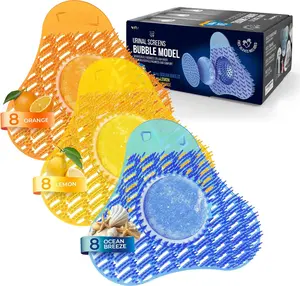 Urinal Screen Deodorizer 24 Pack - Urinal Cakes Fresh 3D Wave Anti-Splash Odor Protection Mats for Toilets in Bathroom Office Stadiums Schools - Includes Free Gloves, 8 count Blue, Yellow, Orange