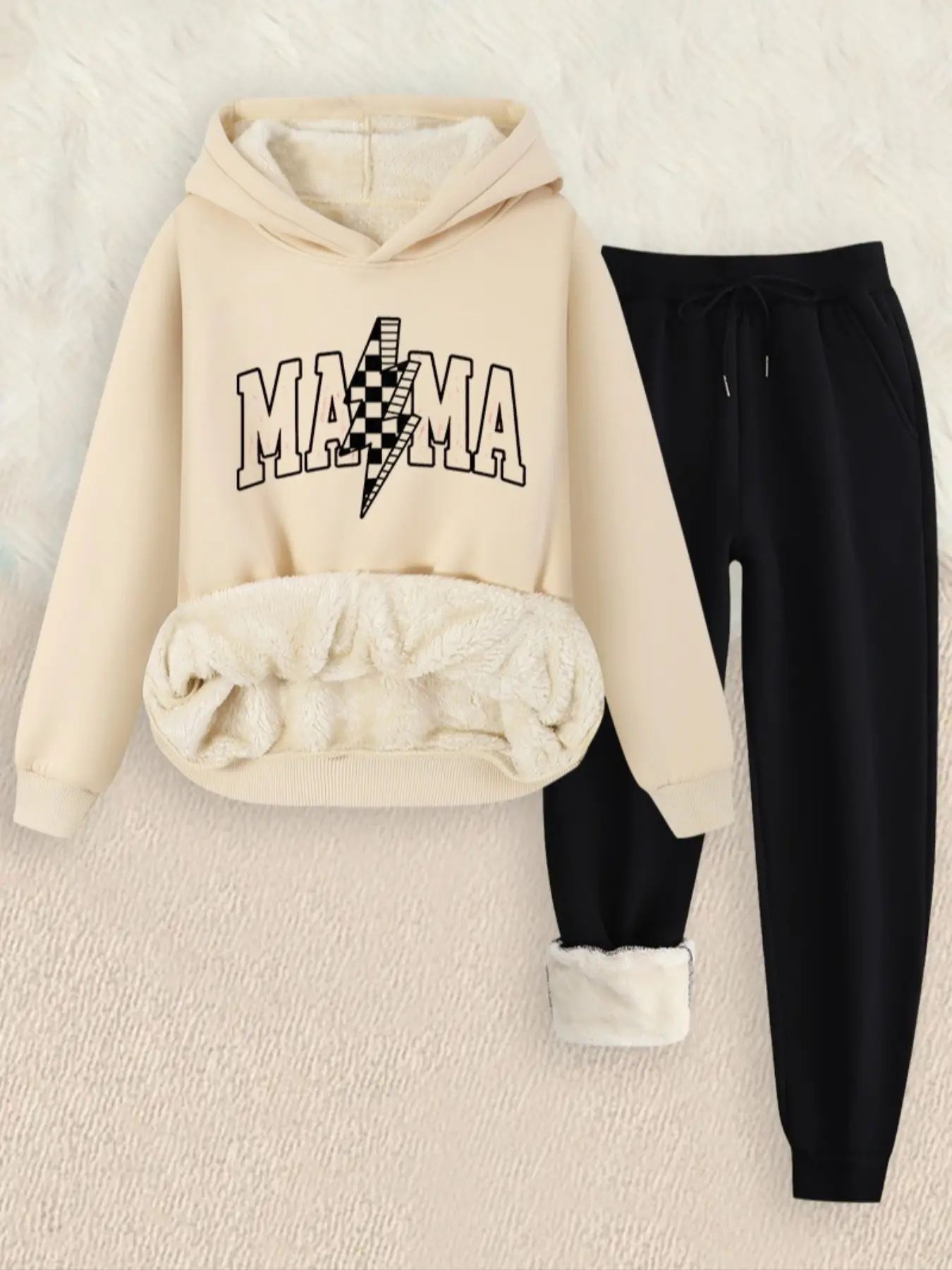 Women's Fashion Casual Set, Mama Letter Grid Lightning Print Hoodie & Sweatpants, Fitted Long Sleeve Fall Winter