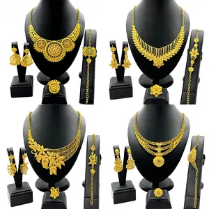 24K Gold Dubai African Indian Nigerian Bride Necklace Earrings Bracelet Ring Jewelry Set