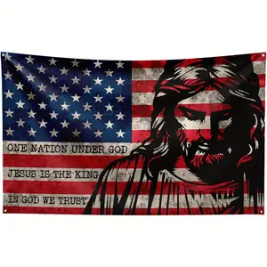 3A country is under God. The bright-colored banner of the American flag, the flag decorations featuring Jesus Christ, the decorative flags with interesting patterns, and the festive decoration flags.