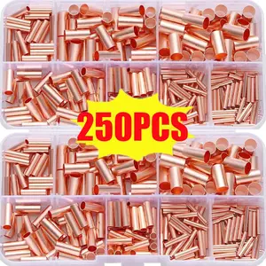 250-Piece Terminal Connector Wire Crimping Sleeve Set, Small Copper Tube Gt1-6mm, Copper Straight Tube Box, Non-Insulated Electroplated Flat Head Terminals