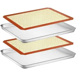 Baking Sheet with Silicone Mat Set, Set of 4 (2 Sheets + 2 Mats),  Stainless Steel Cookie Sheet Baking Pan with Silicone Mat, Size 18 x 13 x 1 Inch, Non Toxic & Heavy Duty & Easy Clean Bakeware Oven