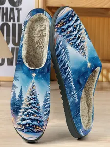 Blue Christmas Pine Cotton Slippers, Ice Blue Base with Snow Tree Pattern, Warm Light Decor, Cozy Fleece Lining, Fall & Winter Home Wear