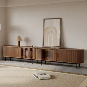 118.11" Mid-Century Modern Tambour Door TV Stand, Walnut Color TV Console,  Ash Rolling Door Media Console with legs