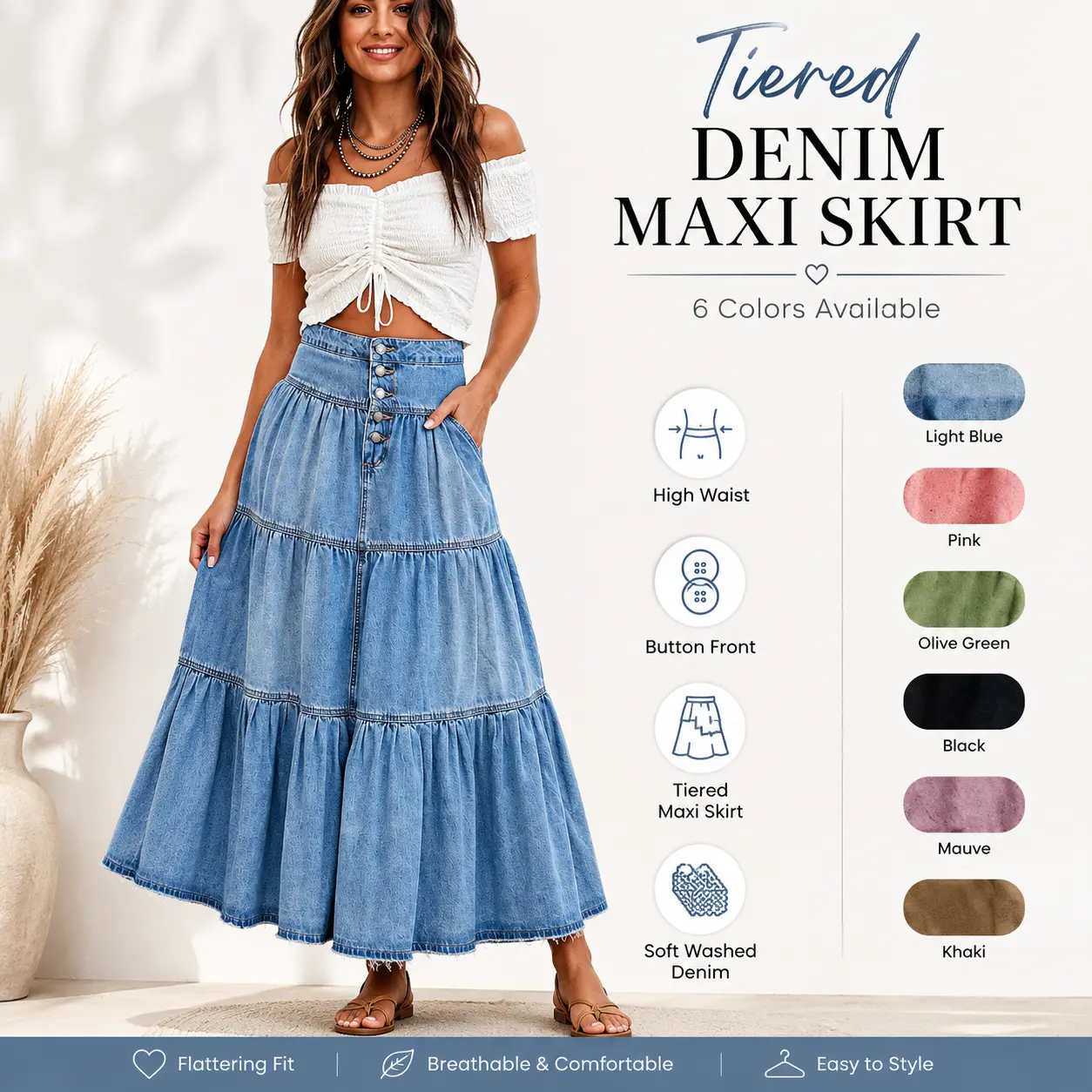Women High Waist Tiered Denim Maxi Skirt, Front Button A-Line Flowy Long Jean Skirt, Washed Denim Ruffle Layer Skirt with Pockets Casual Boho Summer Skirt