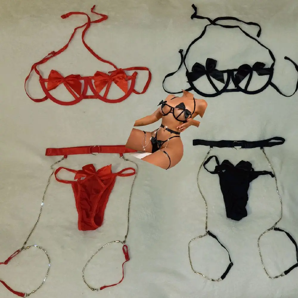 5-Piece Sexy Ladies Lingerie Set, Nylon, Lace Trim, Garter Belt, Thong, Chest Pads with Choker, High Support, Random Print, Hollow-Out Detail, Adult, Knit Fabric