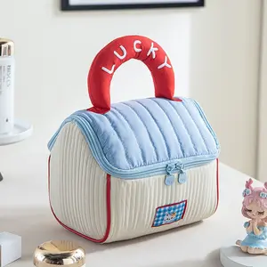 Cute -Blue Color Block House Makeup Bag, Portable Handheld Storage Pouch, Large Capacity Thickened Wash Kit, Ideal for Travel & Daily Use