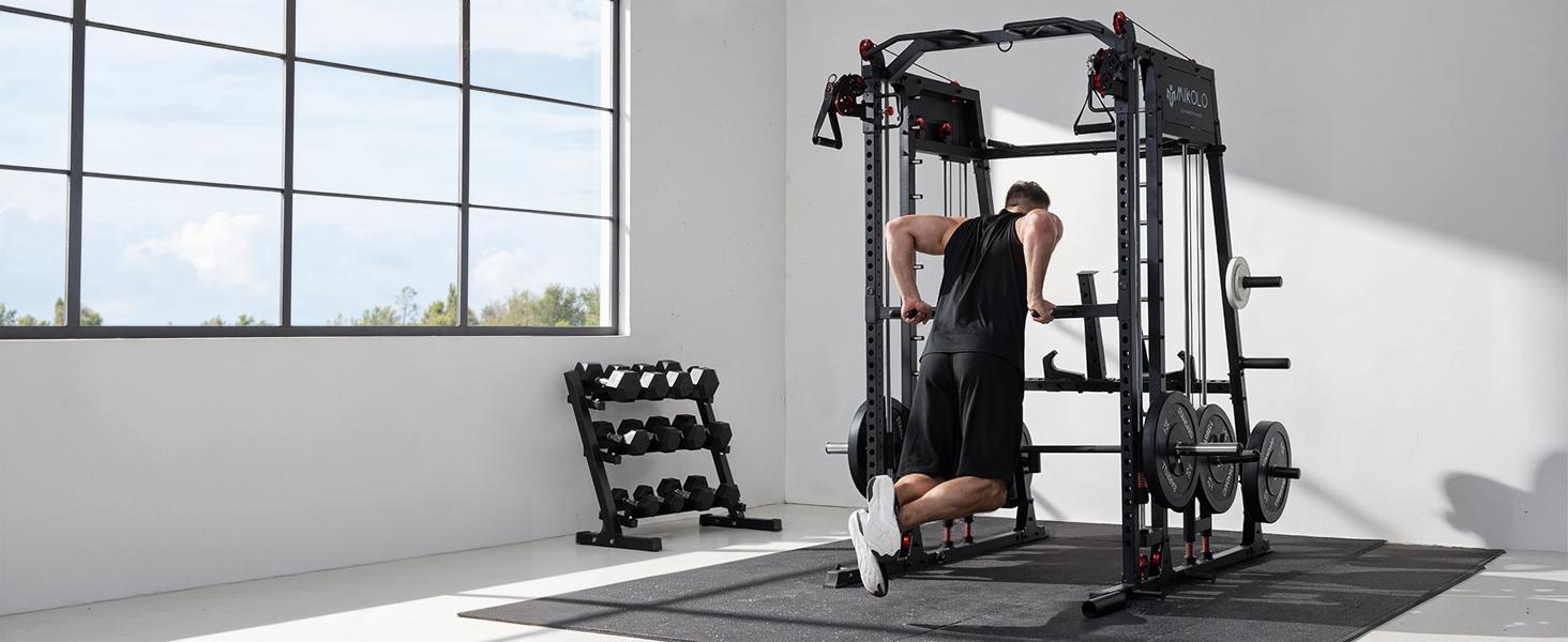 Smith Machine, 2200lbs Squat Rack with LAT-Pull Down System & Cable Crossover Machine, Training Equipment with Leg Hold-Down Attachment