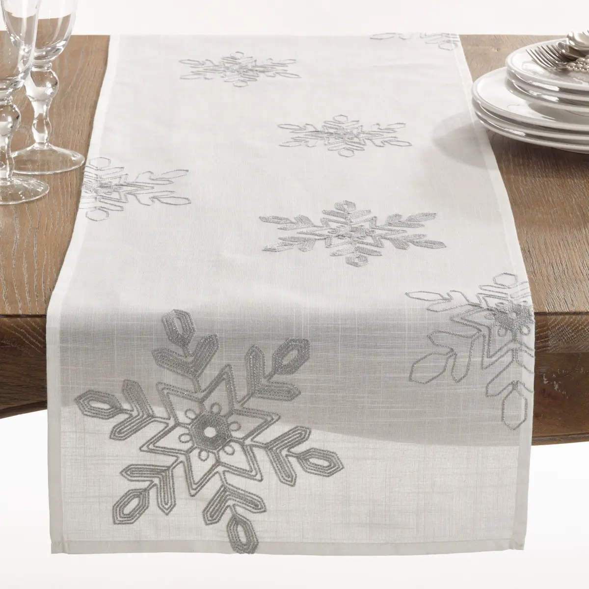 Polyester Christmas Holiday Tables Table Runner, 16x54 in, Embroidered Snowflakes, Silver Modern Colors Kitchen Linen Household Textile