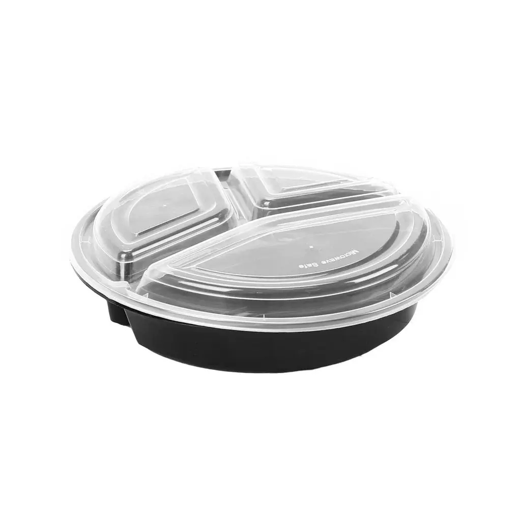 48 oz 3-Compartment Black Round Container with Lid.  100 piece (50 set)