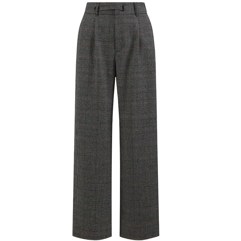 INSPIRE CHIC Women's High-Rise Vintage Houndstooth Plaid Viscose Lightweight Wide-Leg Pants with Pocket, Button Accent, Regular Fit for Casual Work Bottoms