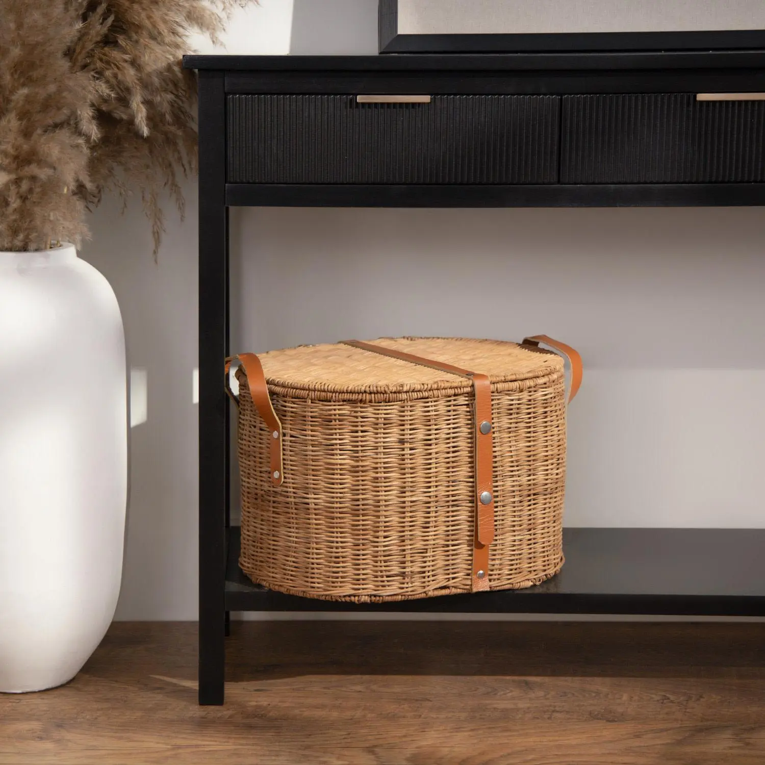 Brown Rattan  Handmade Woven Decorative and Functional Storage Basket with Lid and Leather Handles, 16" x 12" x 10"