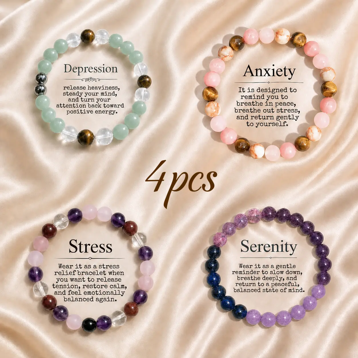 AELUNOS Stress Relief Crystal Beaded Bracelet Collection for Women, Healing Stone Gift for Her, Friends and Family, Amethyst, Rose Quartz, Tiger's Eye, Green Aventurine, Clear Quartz, Lapis Lazuli, Fluorite, Rhodonite and Hematite, Available in 4 Styles