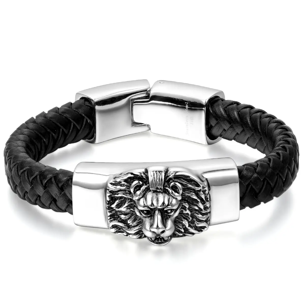 OIDEA Men's Lion Head Statement Bracelet, Hand-Braided Genuine Leather with Rust-Resistant Stainless Steel Clasp, 11mm Wide Cuff for Daily Wear
