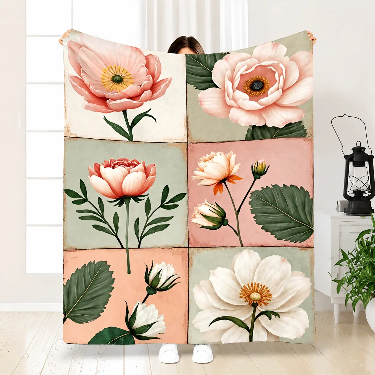 1Pc Soft Cozy Retro Floral Blanket - Flannel Bed Cover Suitable For Couch, Bed, Camping |   Machine Washable Bedspread Fits Single/Double Mattresses, Patchwork Bedspread