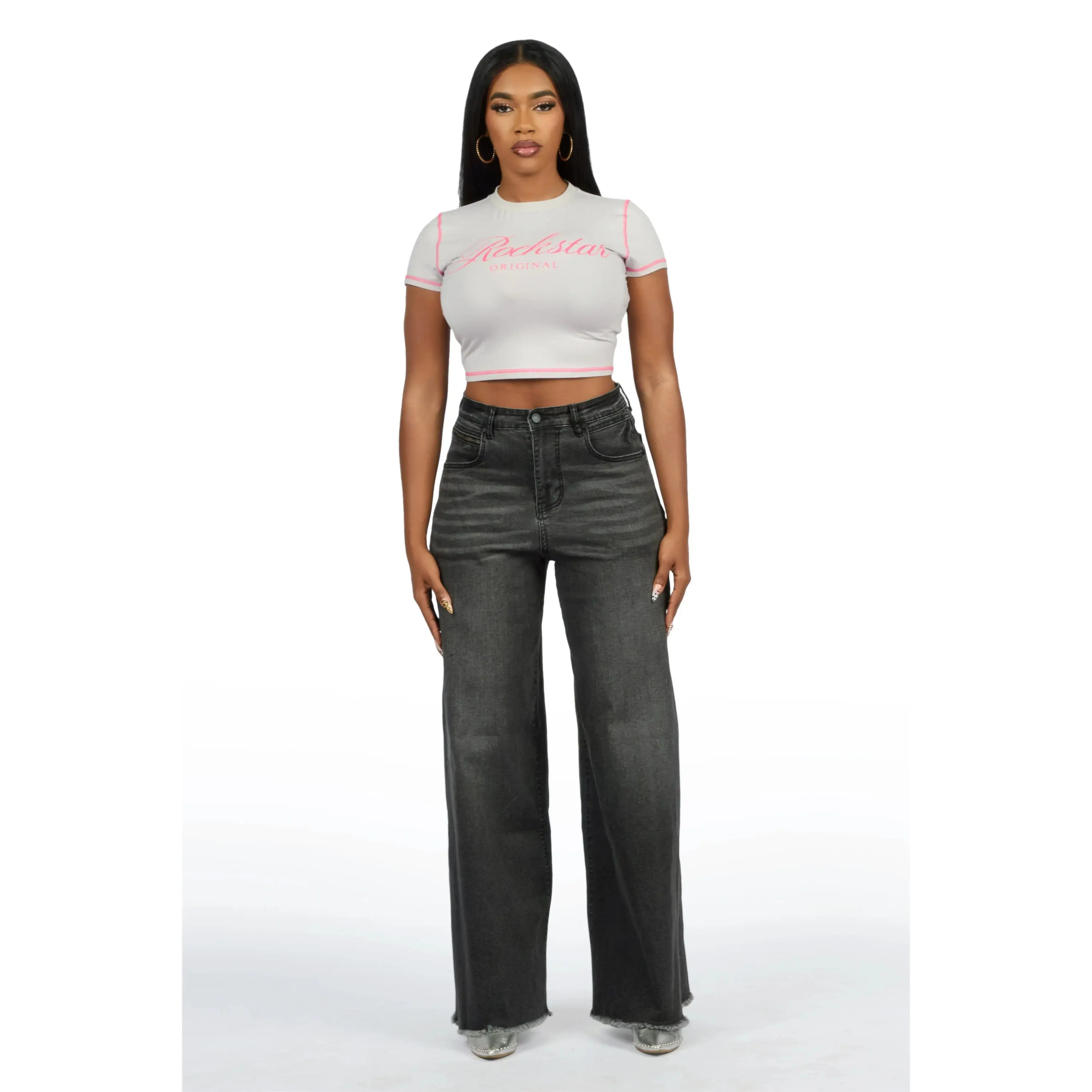 Cegaria Grey Wash High Rise Elastic Back Stretch Baggy Jean