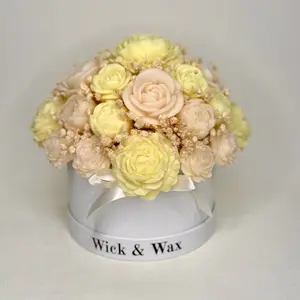 Wick & Wax Scented Candle Bouquet Fresh Linen with Yellow and Peach Roses in a White Box