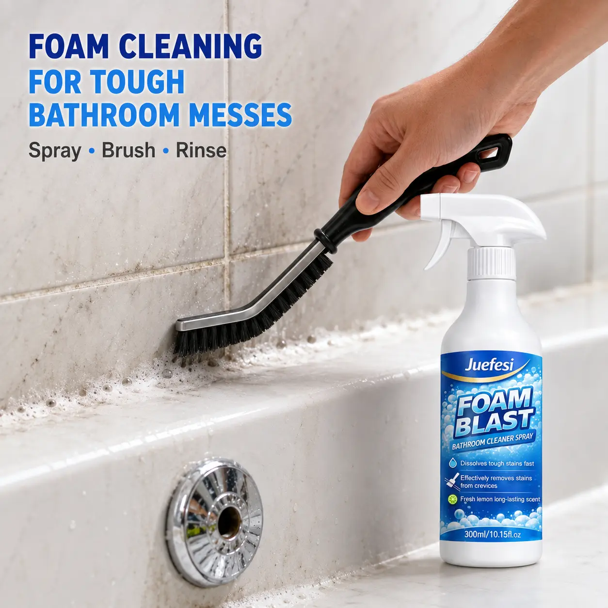 Household Spray Cleaner with Scrub Brush, Lemon-Scented Citric Formula for Tile Grout, Shower Glass, Silicone Washer Caulk, Toilet - Lifts Hard Water Stains, Soap Scum, Eliminates Odors