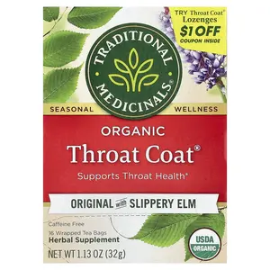 Traditional Medicinals Organic Throat Coat®, Original with Slippery Elm, Caffeine Free, 16 Wrapped Tea Bags, 1.13 oz (32 g)
