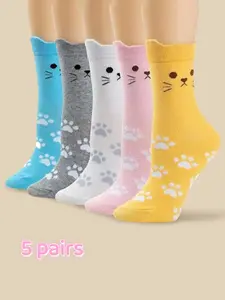 Five-Color Personalized Cat Mid-Calf Socks, Campus Style Cute Fashion Trendy Pair, Daily Casual Sports Versatile Socks, Breathable Comfy Socks