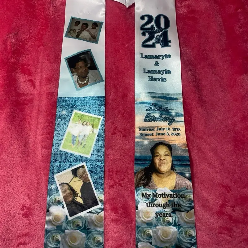 Grad Stole - 2024 Commemorative Design with Photographs and Text Featuring Birthdate and Motivation Themes