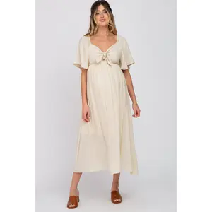 Beige Front Tie Ruffle Sleeve Maternity Midi Dress