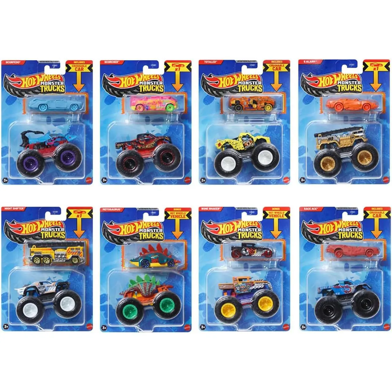 Hot Wheels Monster Trucks Race Smash Crash and Go Bundle of 8 GRH81-999Q