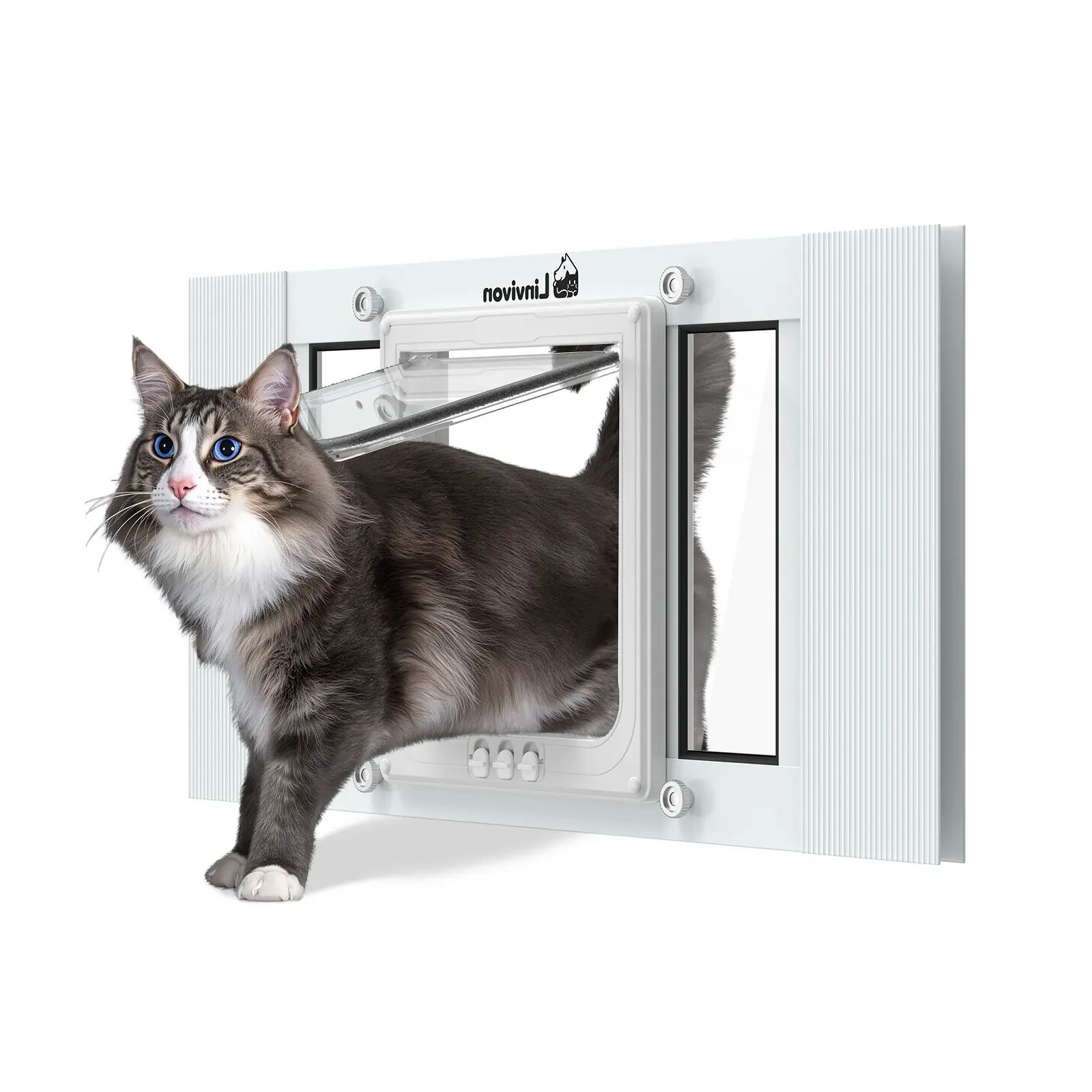 Cat Door for Window Quick Damage-Free Install 31-36 Width Adjustable, All Aluminum Frame, Magnetic Closure Cat Window Door