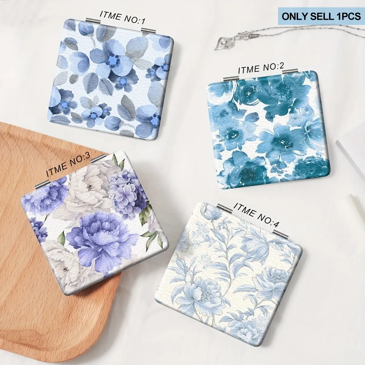 Rural style blue peony pattern PU portable makeup mirror, foldable small mirror, folding makeup mirror, travel makeup mirror, portable vanity mirror, birthday/Valentine's Day/wedding gift, girls' beauty tool, handheld portable mirror